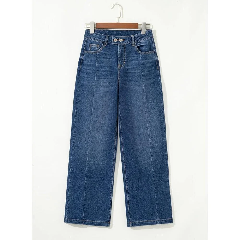 Women's High Waisted Wide Leg Stretch Denim Jeans Zipper Pockets Casual